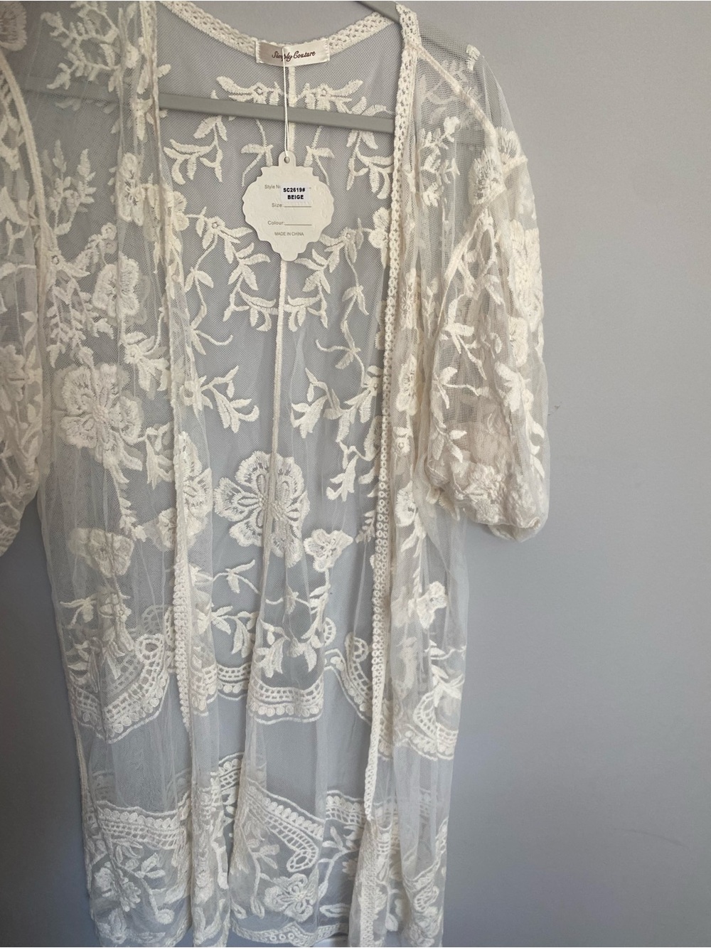 Simply Couture Sheer Ivory Floral Lace Kimono Robe